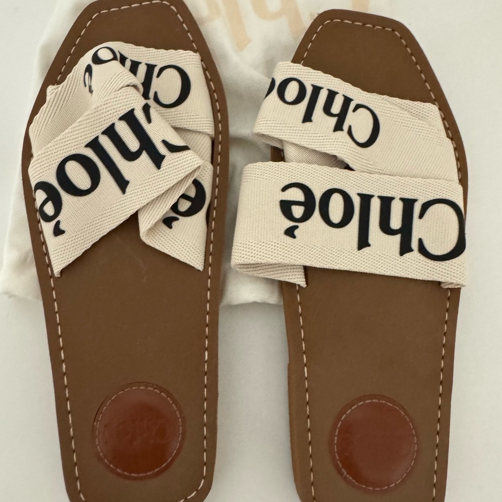 Chloé Woody flat logo ribbon slide sandal